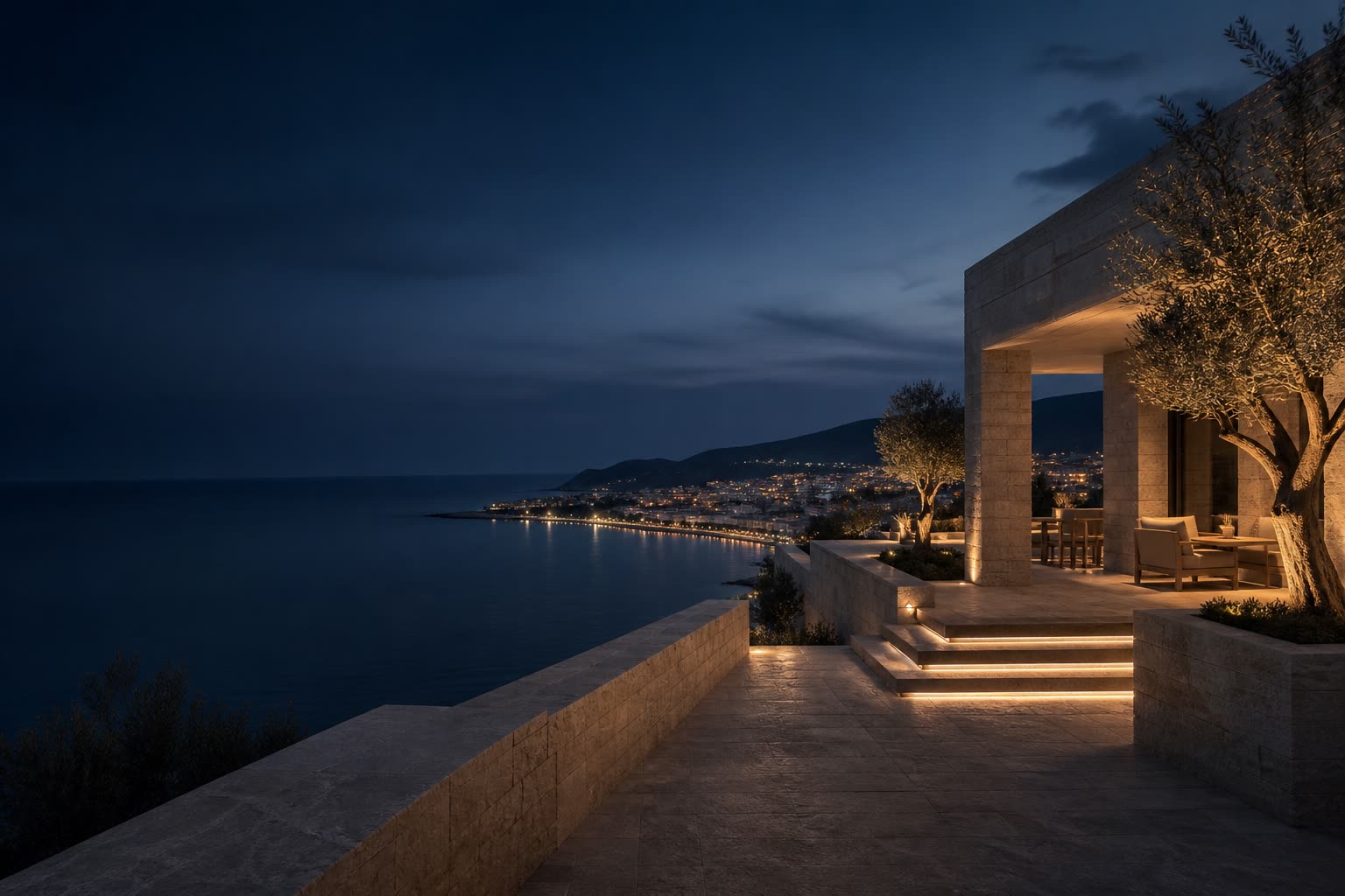 Mediterranean residential architecture on a Greek hillside above the sea
